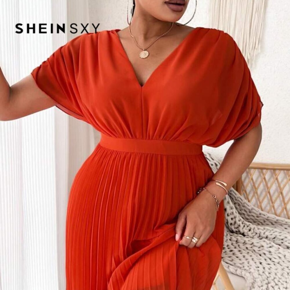 SHEIN Orange Pleated V-Neck Midi Dress M